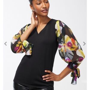 Chico’s Floral Chiffon Sleeve Black Blouse Size 4 XXL